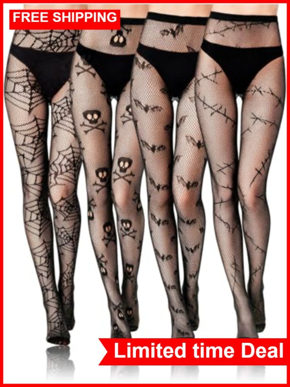 4 Pairs Fishnet Stockings Spider Web Bat Skull Tights Women Halloween